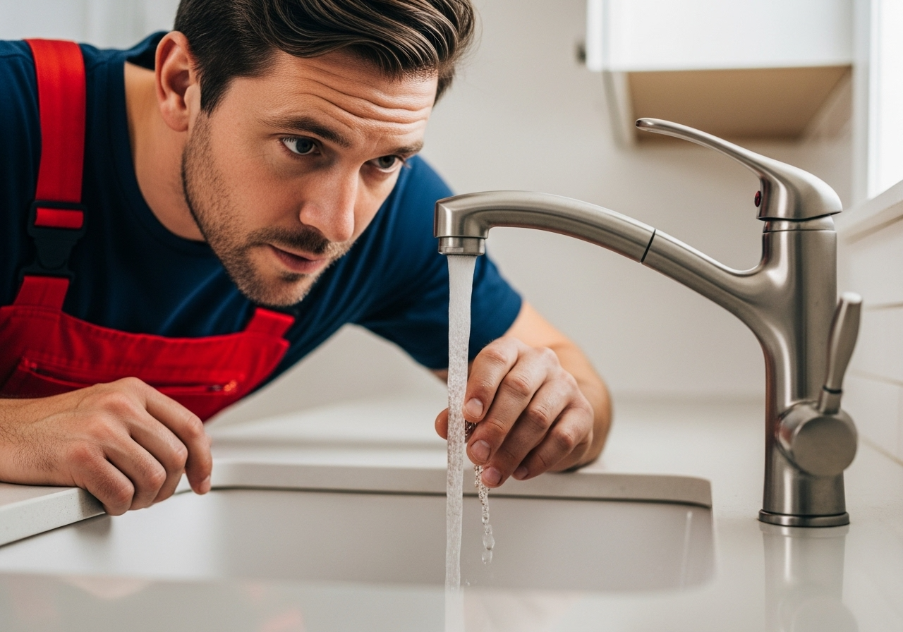 a plumber measuring under a sink opening