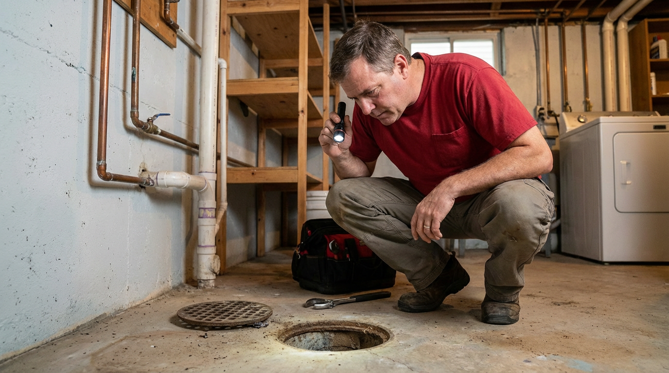 A plumber inspecting a Reno home basement drain