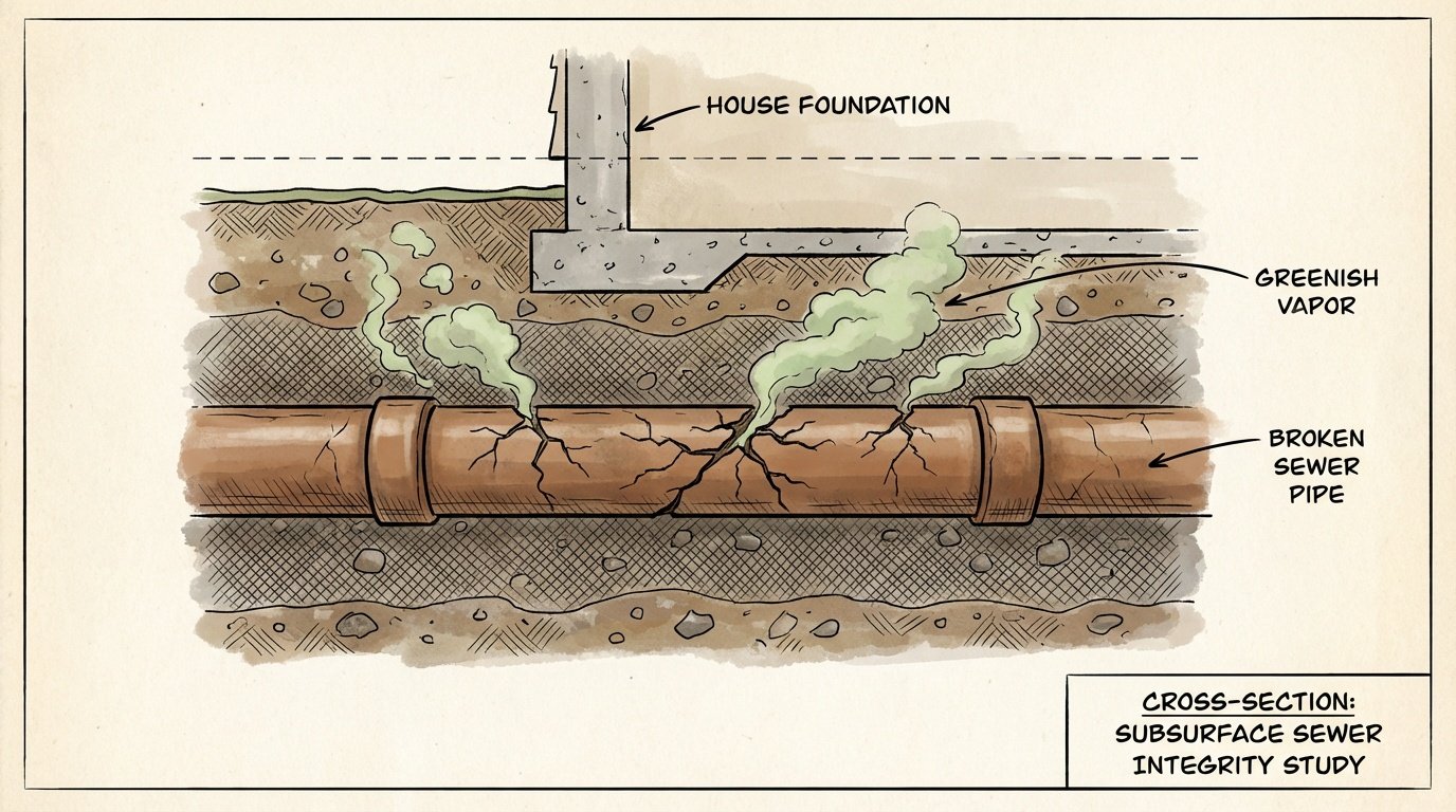 diagram of an underground sewer line leaking sewer gas