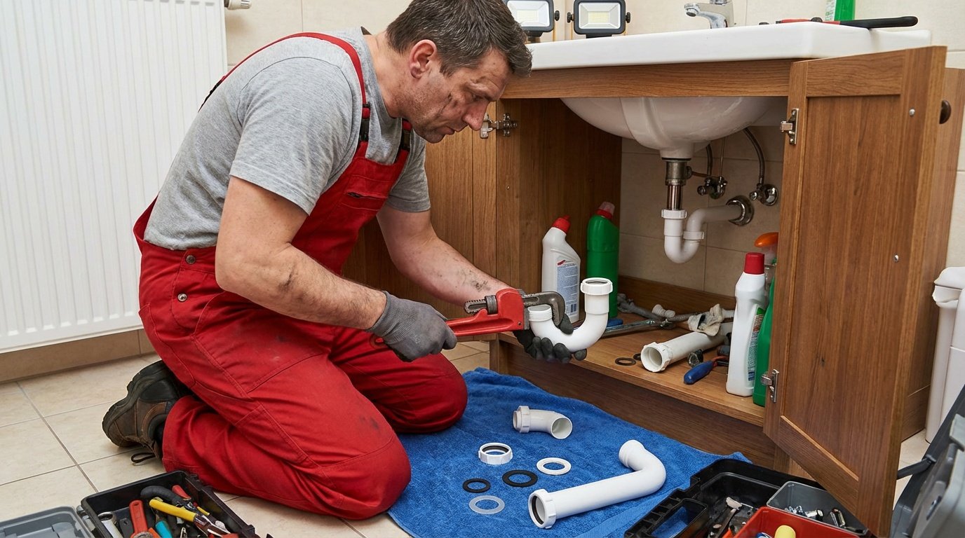 plumber repairing bathroom drain