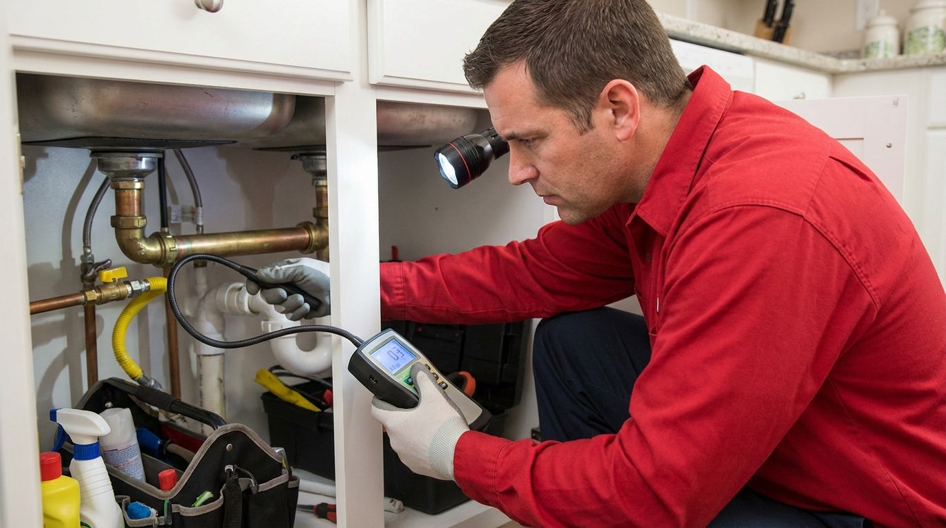 plumber working under kitchen sink