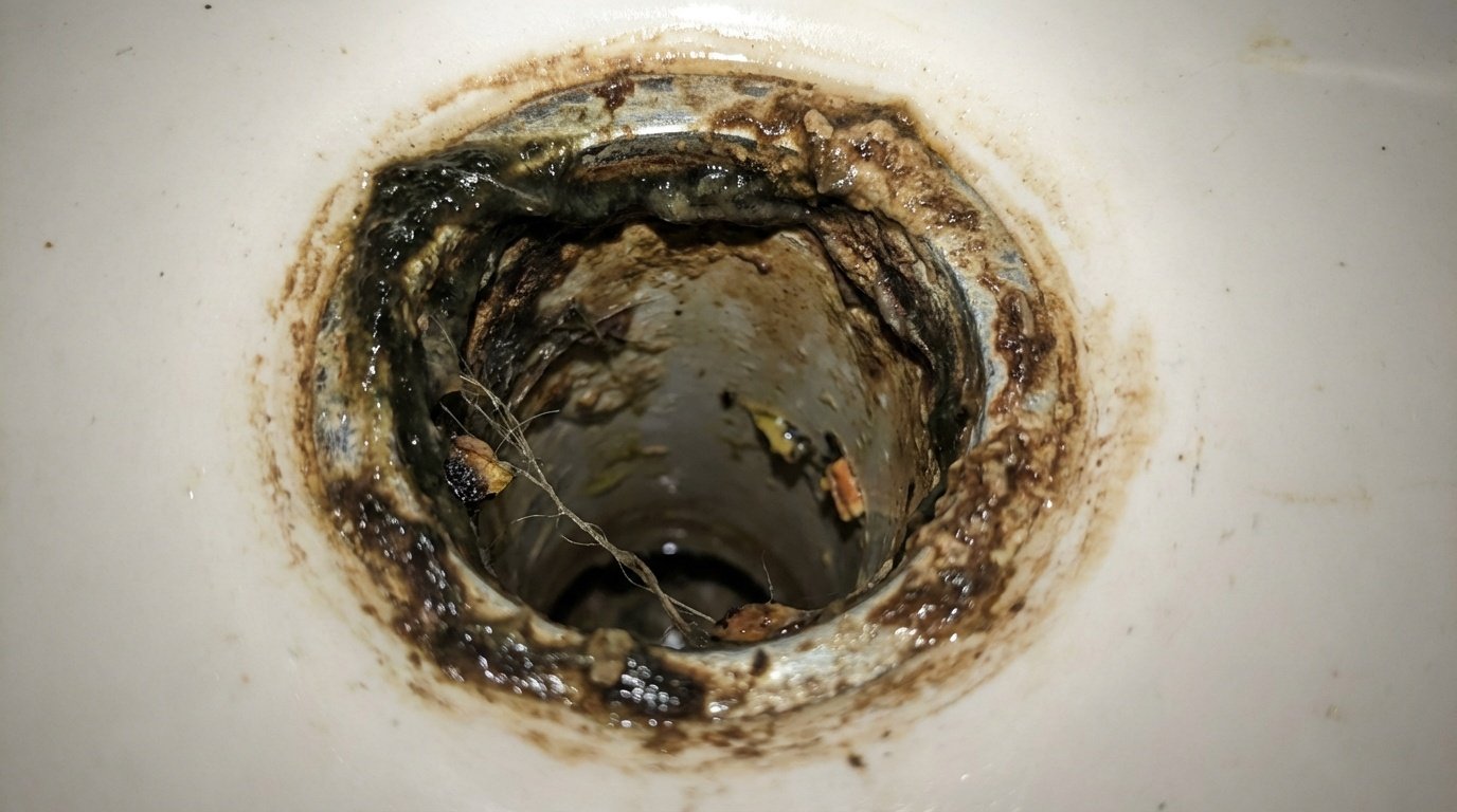 debris and smelly grime in a bathroom sink from an overflow