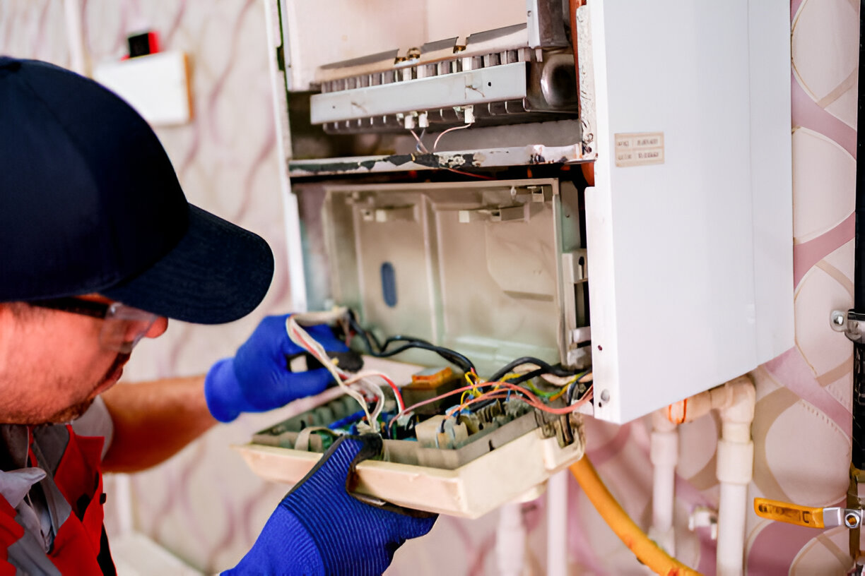 picture of a man fixing a water heater electrical pannel