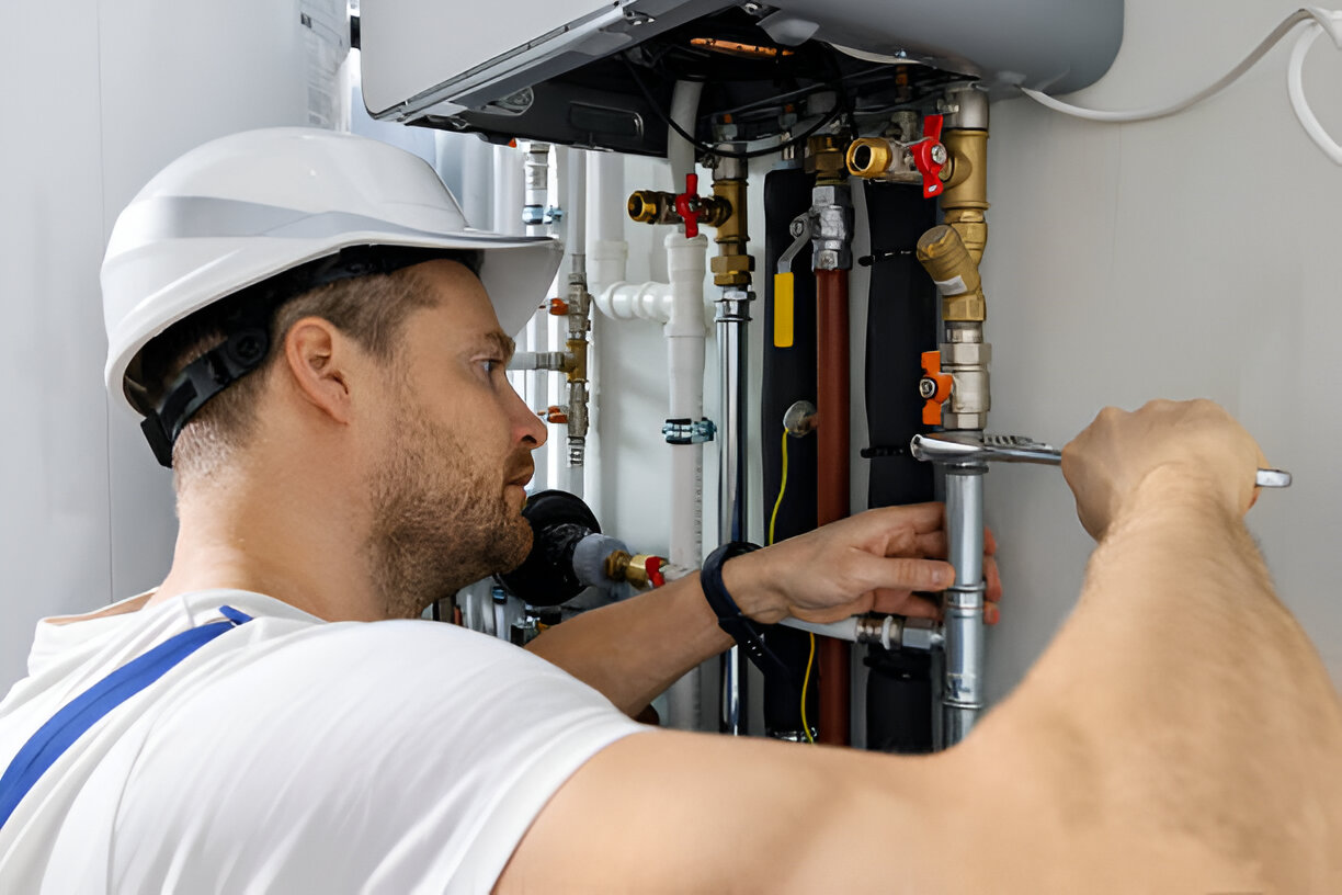 A man using a wrench on a water heater pipe